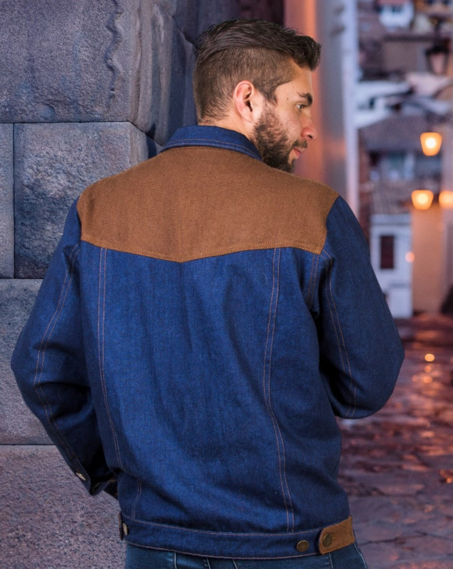 Denim jacket for men with elegant alpaca fabric application.