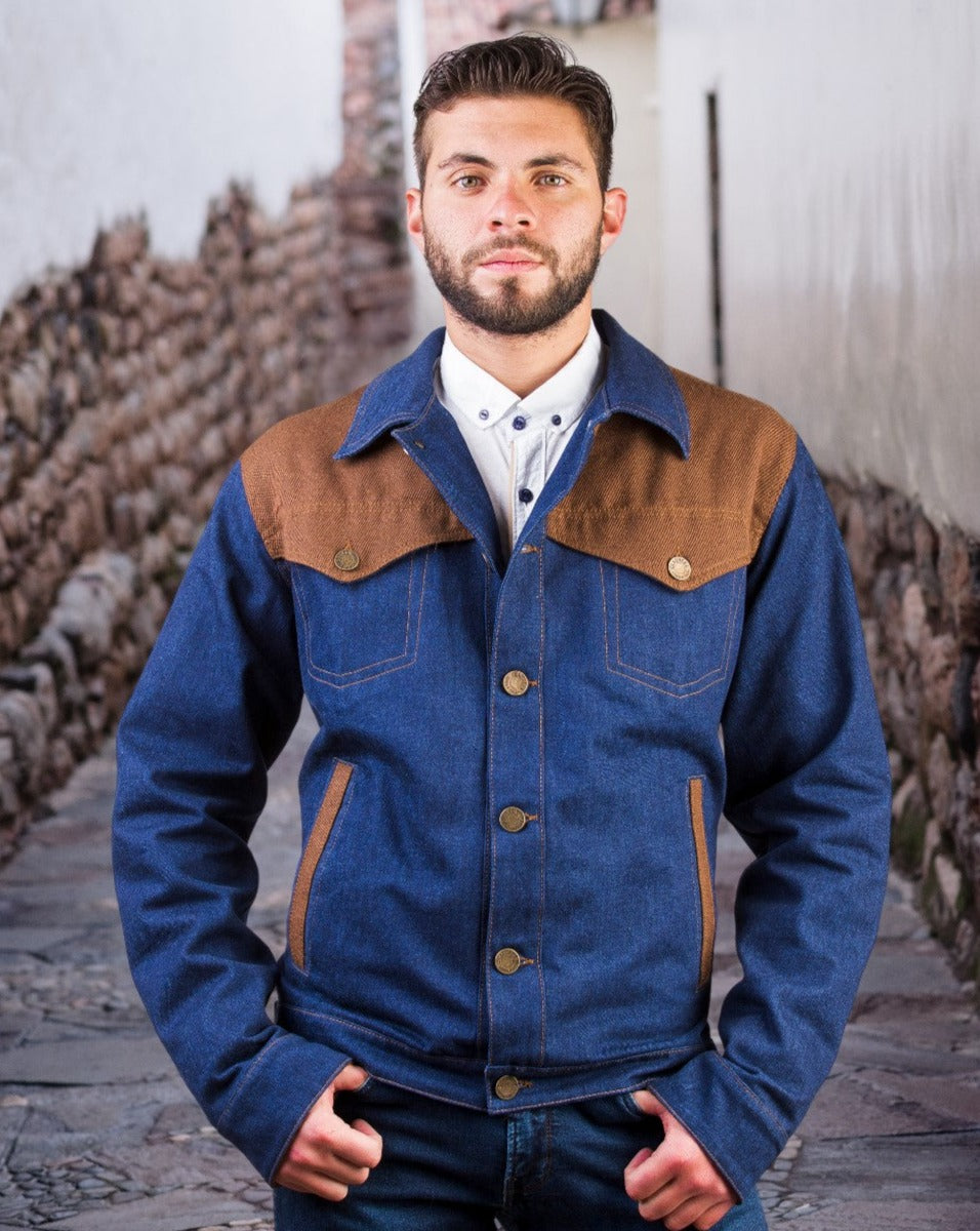Denim jacket for men with elegant alpaca fabric application.