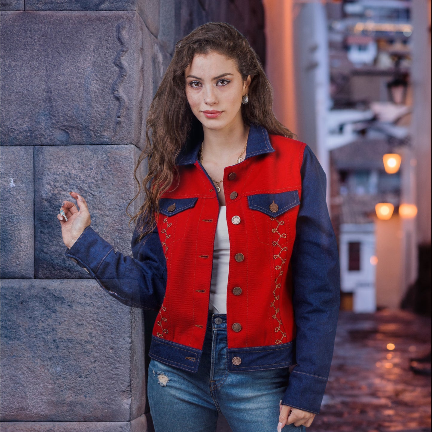 Denim jacket for women with elegant alpaca fabric application.