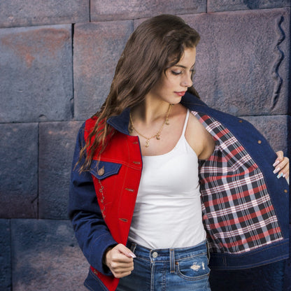 Denim jacket for women with elegant alpaca fabric application.